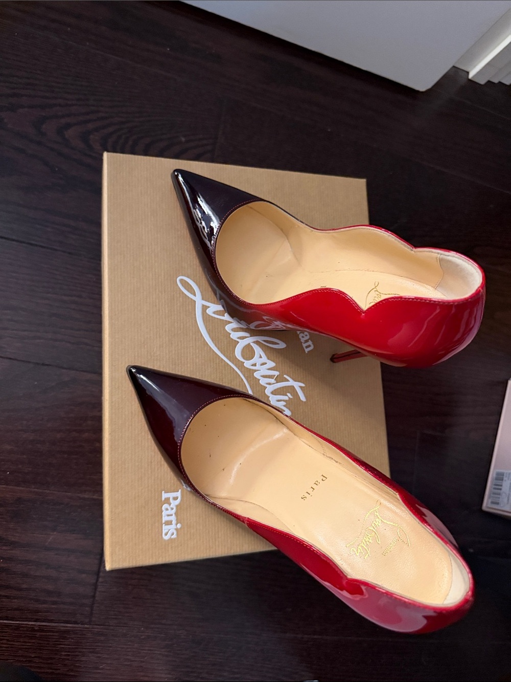Christian Louboutin Red to Burgundy Patent Ombre Pointed Stiletto Pumps - Picture 5 of 6